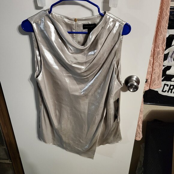 NWT DONNA KAREN METALLIC FRONT WRAP COWL NECK BLOUSE SZ L - Picture 1 of 9